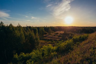 Gün batımında güzel Belarus ormanları