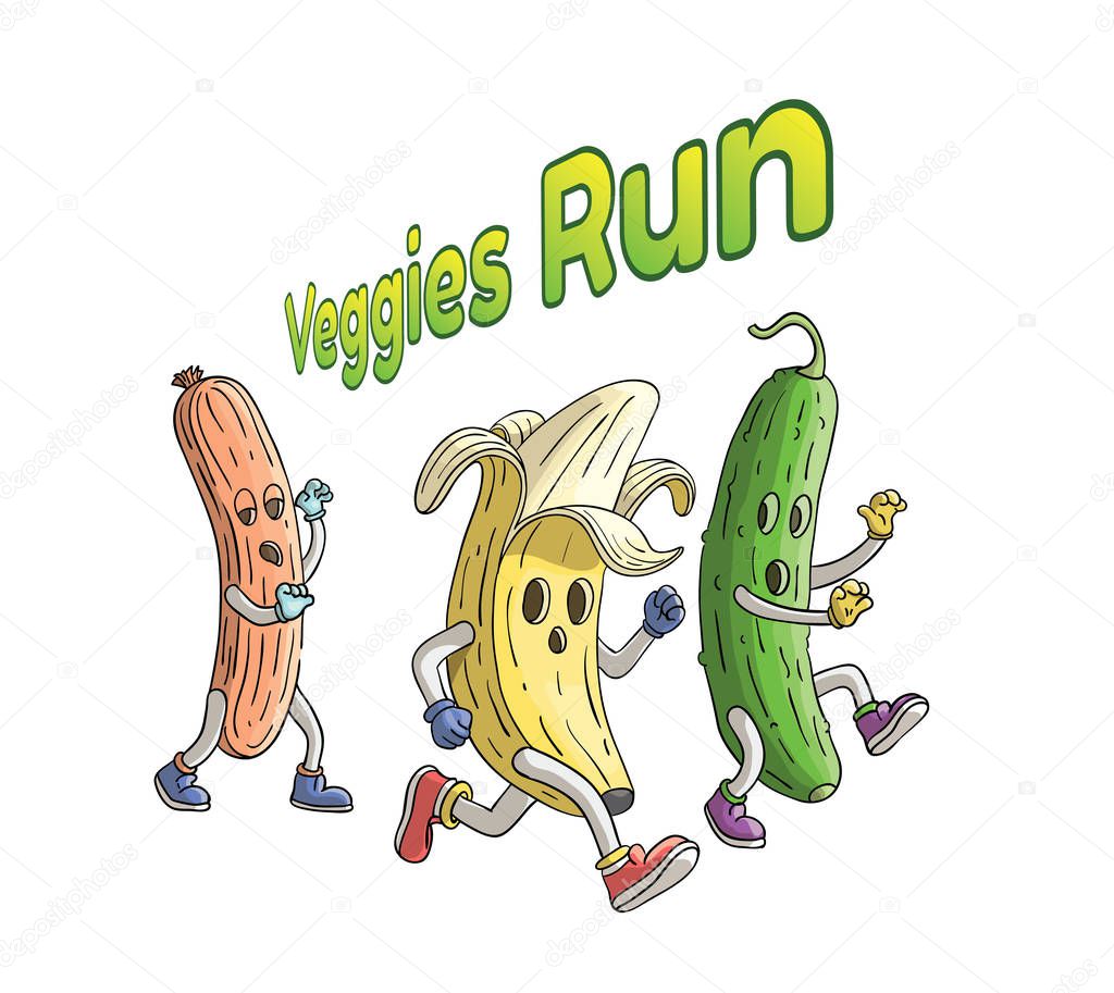 Banana and cucumber cartoon characters run scared from zombie sausage character. With text - Veggies run.