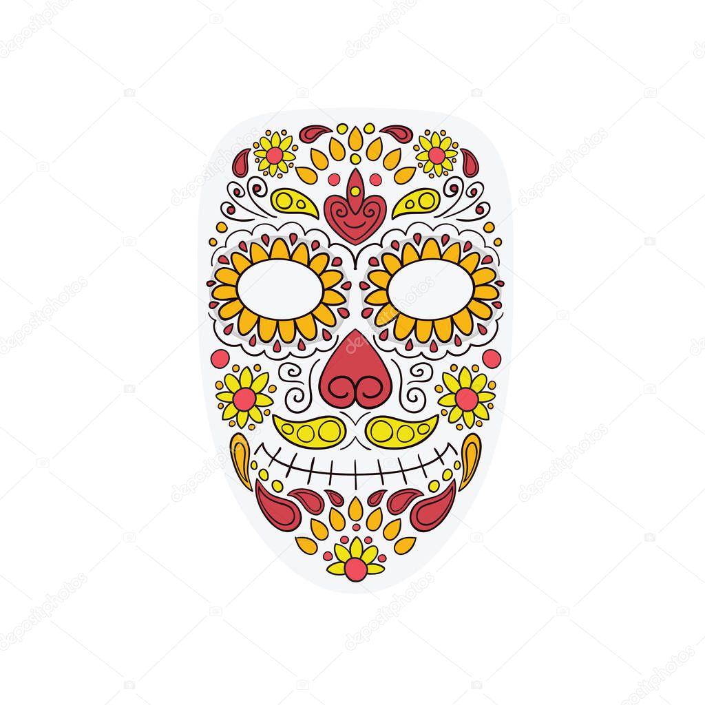 Colorful Skull Mask Day of The Dead With Floral Ornament and Flower Seamless Pattern. Dia de Los Muertos, Colorful Holiday Skull of the Dead