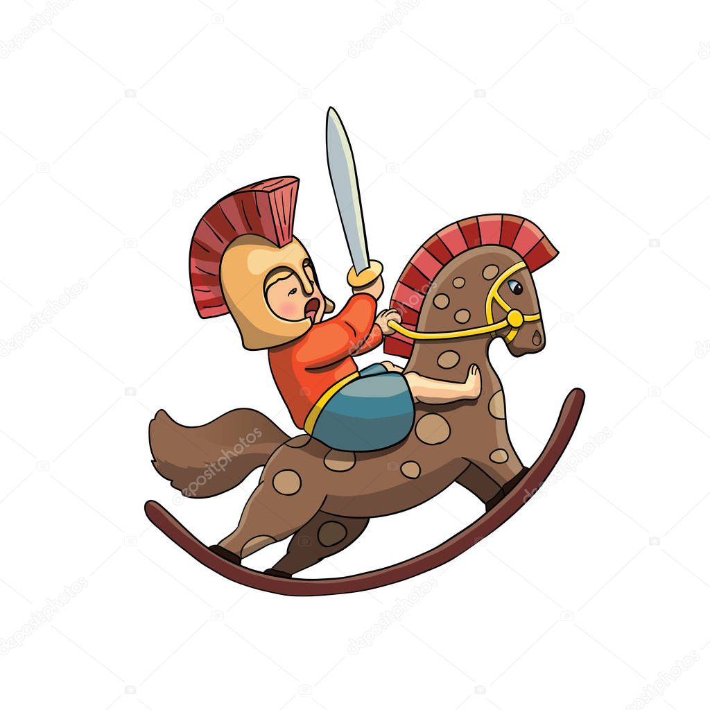 Spartan Kid Warrior on Rocking Horse in Helmet with Spartan Sward. Vector illustration isolated on white.Web Graphics, Banners, Advertisements, Stickers, Labels, T-shirt.