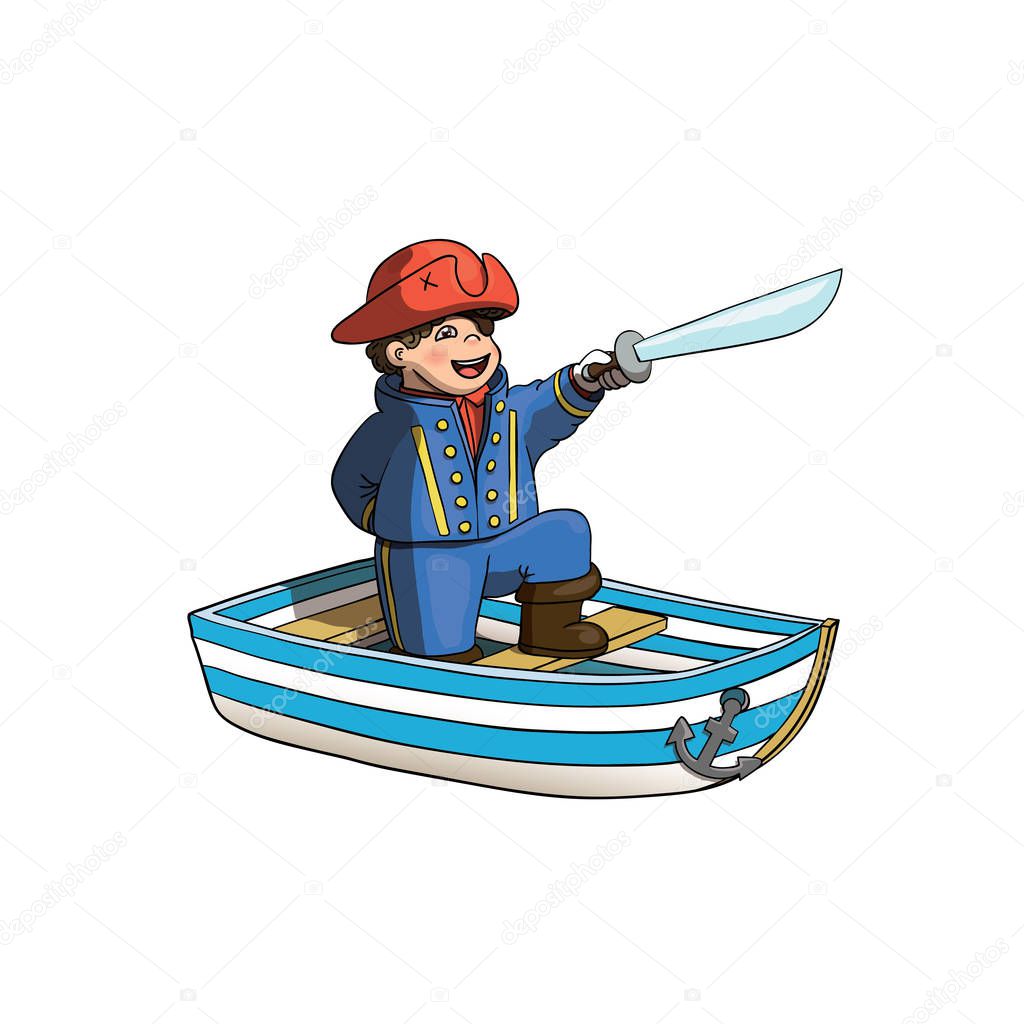 Pirate Kid on his Boat with Saber and Red Pirate Hat. Pirate Captain on Board. Vector Illustration.