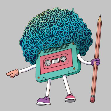 Kalem ile kompakt kaset kaset karakter. Süper Afro saç stili. Mixtape illüstrasyon. Bir sonraki hareketi vardır. Müzik 80'li 90'lı yılların pop. Grafik, afiş, reklam, Etiketler, etiket, T-shirt.