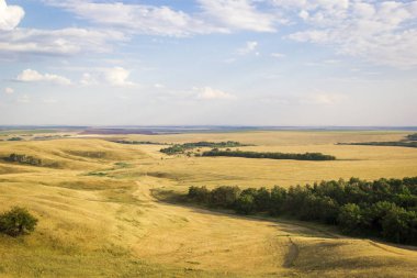 Yaz peyzaj alanların, tepeler ve ormanlar ile hasat bitkileri, sonsuz expanses, cumulus bulutları ile mavi gökyüzü, dağın üzerinden üstten görünüm
