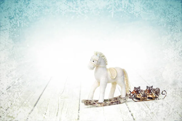 Christmas Decoration Old Rocking Horse Sleigh Candles White Winter Wooden — Stock Photo, Image