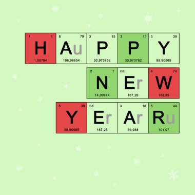 Öğeleri periyodik tablo, bilimsel tema, kimya - beyaz kar taneleri ile açık yeşil renkli Noel kartı ile yılbaşı banner