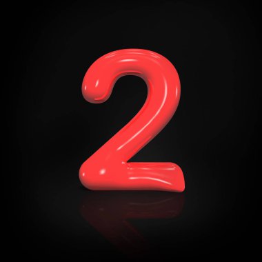 Parlak kırmızı boya siyah arka plan üzerinde 3d render illüstrasyon izole balon 2 sayısı