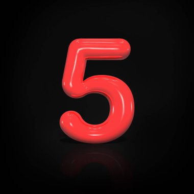Parlak kırmızı boya siyah arka plan üzerinde 3d render illüstrasyon izole balon 5 sayısı