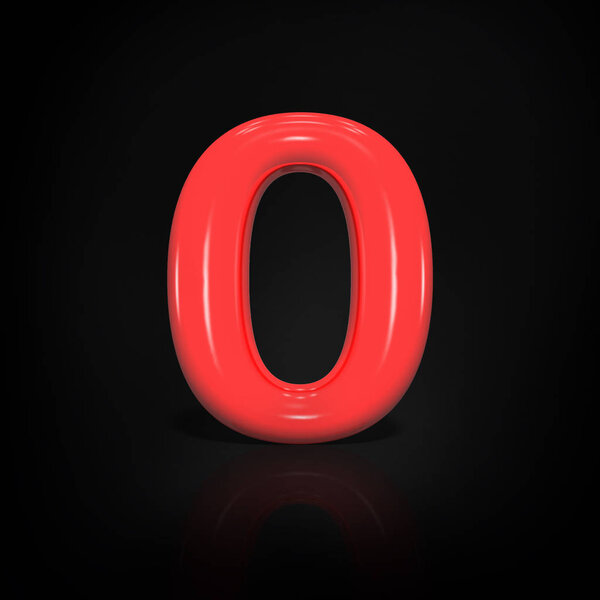 Glossy red paint number 0, zero of balloon isolated on black background, 3d rendering illustration