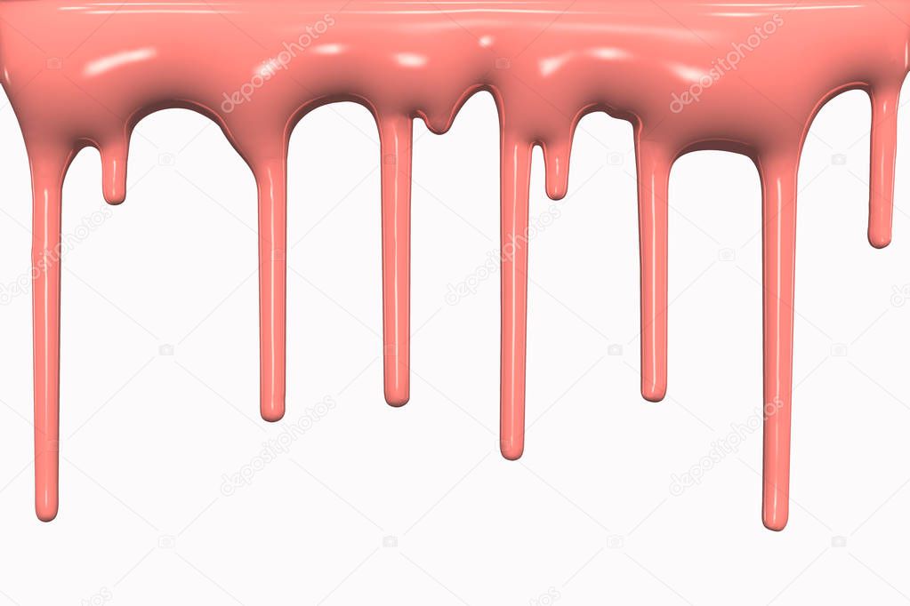 Living coral paint dripping, flowing streams of drops isolated on white background , Color of  Year 2019, 3D rendering