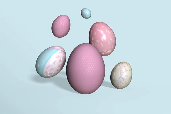 Barevné Velikonoční Vajíčka Létání Světle Modrém Pozadí Symbolem Jara Vykreslení — Stock fotografie