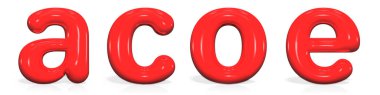 Parlak kırmızı boya harf A, C, O, E, beyaz arka plan üzerinde 3d render illüstrasyon izole kabarcık küçük harf