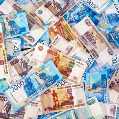 Rus nakit para 5000, 2000, 1000, uçakta yalan 500. Ruble banknot olarak arka plan, portre, düz lay