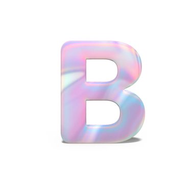 3D büyük harf B parlak holografik tasarım soyut. Neon mavi pembe yazı tipi, izole beyaz arka plan üzerinde gerçekçi parlak alfabe. 3D render