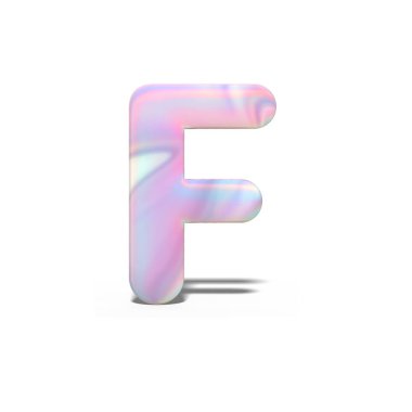 3D büyük harf F parlak holografik tasarım soyut. Neon mavi pembe yazı tipi, izole beyaz arka plan üzerinde gerçekçi parlak alfabe. 3D render