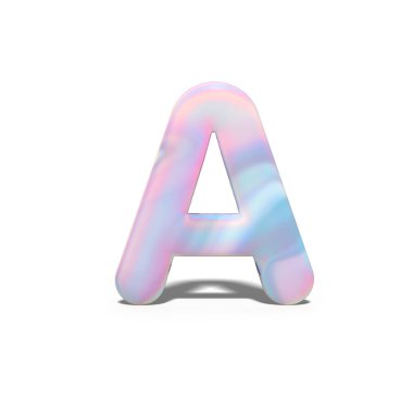 3D büyük harf A parlak holografik tasarım soyut. Neon mavi pembe yazı tipi, izole beyaz arka plan üzerinde gerçekçi parlak alfabe. 3D render