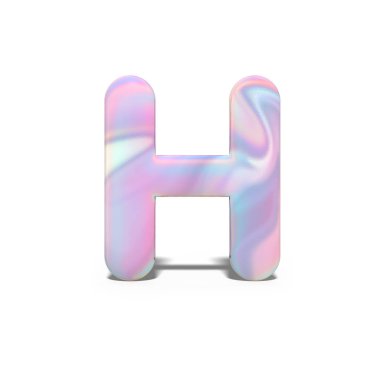 3D büyük harf H parlak holografik tasarım soyut. Neon mavi pembe yazı tipi, izole beyaz arka plan üzerinde gerçekçi parlak alfabe. 3D render