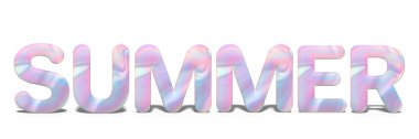 Holografik tasarıma gerçekçi parlak harflerle kelime yaz. Neon mavi pembe renkler, izole beyaz arka plan üzerinde soyut parlak yazı. 3D render