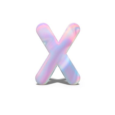 3D büyük harf X parlak holografik tasarım soyut. Neon mavi pembe yazı tipi, izole beyaz arka plan üzerinde gerçekçi parlak alfabe. 3D render
