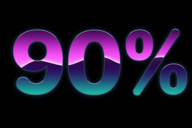 Mor, mavi, pembe degradeler parlak renkler %90 indirim, promosyon satış yüzde parlak neon işareti siyah arka plan, teklif etiket üzerine yapılmış.