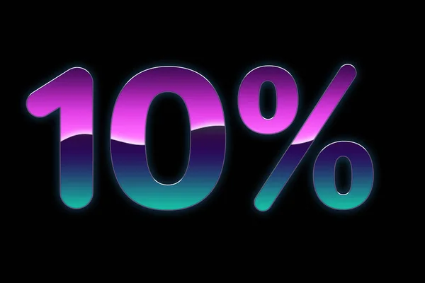 Bright colors 10% discount purple, blue, pink gradients, promotion sale percent made of glowing neon sign on black background, offer label.