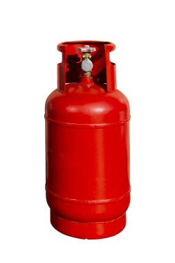 Kırmızı gaz şişesi, beyaz arka planda yalıtılmış LPG silindir.