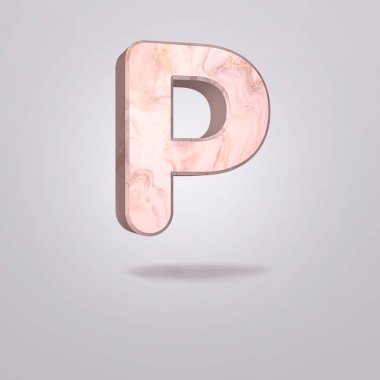 Soyut 3D büyük harf P pembe mermer. Modern fontta gerçekçi alfabe, izole gri arka plan. Vintage poster. Sanat tasarımı. 3B işleme