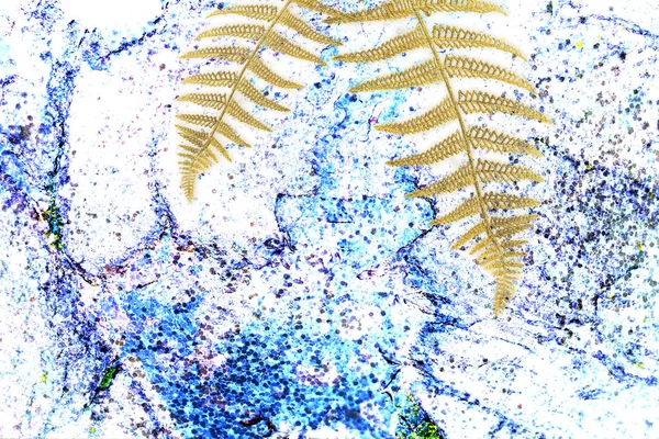 Tinta de fluxo abstrato, folha de samambaia de ouro, fronde de palma em fundo de mármore multicolorido. Design criativo na moda — Fotografia de Stock