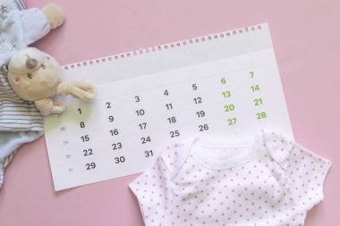Çocuk beklentisiyle yenidoğan aksesuarları Seti - takvim, bebek giysileri, pembe arka plan üzerinde oyuncaklar. Düz döşeme, üst görünüm.
