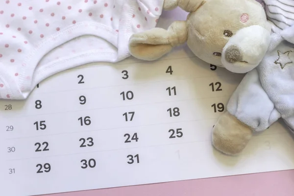 Serie Accessori Neonati Previsione Bambino Calendario Vestiti Bambini Giocattoli Sfondo — Foto Stock