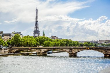 Eyfel Kulesi ve Seine Nehri üzerinde altın heykel ile Alexander III Köprüsü güzel görünümü, Paris, Fransa