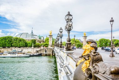 Pont Alexandre III güzel görünümü, Altın heykeller ve sokak lambaları ile Köprü, Paris, Fransa