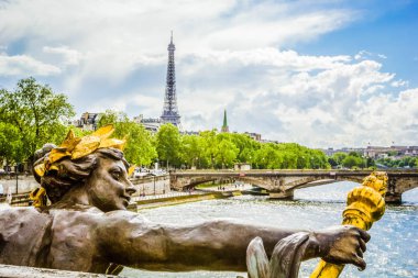 Eyfel Kulesi ve Seine Nehri üzerinde altın heykel ile Alexander III Köprüsü güzel görünümü, Paris, Fransa
