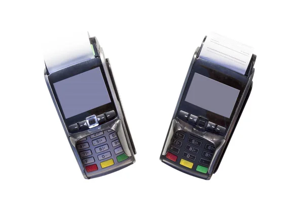 Terminais POS, mão passando cartão de crédito, pagamento com tecnologia NFC isolado no fundo branco — Fotografia de Stock