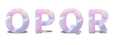 Parlak holografik tasarımda Büyük Harfler O, P, Q, R kümesi, parlak neon alfabe.