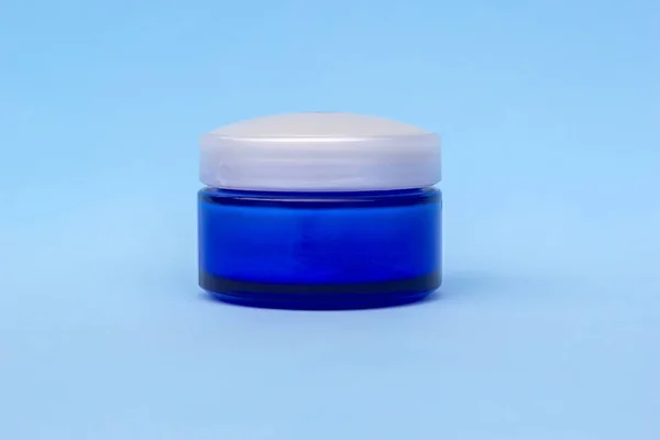 Frasco Crema Azul Blanco Sobre Fondo Claro Productos Cosméticos Para —  Fotos de Stock