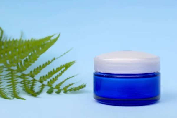Lege Blauwe Crème Jar Lichte Achtergrond Met Groene Fern Palm — Stockfoto