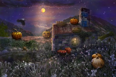 Yanan mumlar ile Halloween kabak, gökyüzünde parlak ay ile yıldızlı gece sihirli karanlık ormanda çatıda yuvaları ile peri taş ev. Cadılar Bayramı Arka Plan.