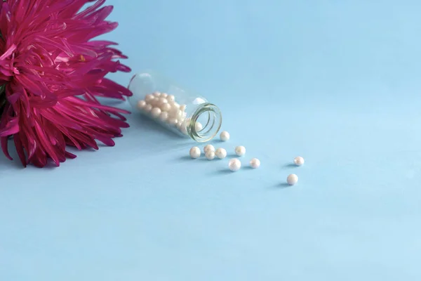 Homeopathy pills in glass bottle and flower red aster on blue background. Homeopathic medicine globules - herbal remedy alternative medication.