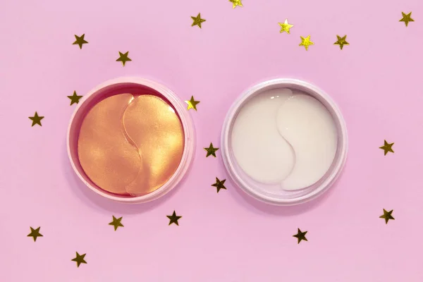 Dos Latas Hidrogel Parche Cosmético Para Cuidado Piel Sobre Fondo — Foto de Stock