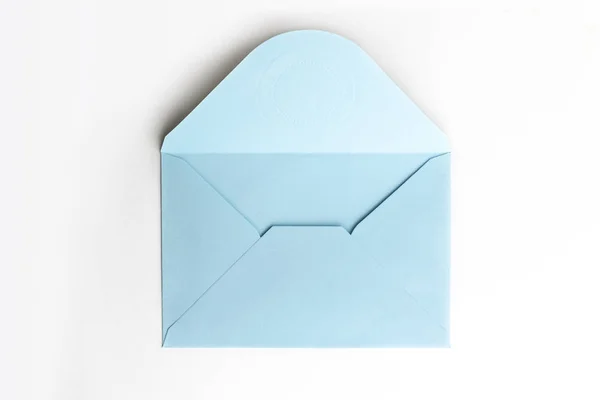 Blank Paper Blue Envelope Letter Mail White Background Flat Lay — Stock Photo, Image