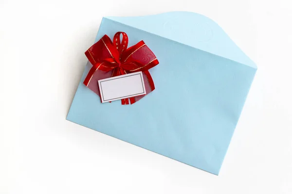Blank Paper Blue Envelope Red Ribbon Bow Letter Mail White Royalty Free Stock Photos