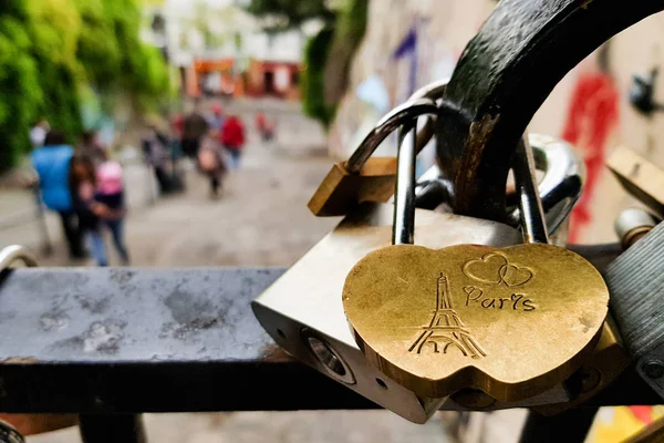 Love Locks Hanging Bridge Heart Shaped Padlock Symbol Love Friendship — стоковое фото