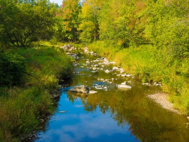 Ağaçların yaprakları renklerini değiştirmeye başladı güzel sonbahar manzara. Roxton Falls, Quebec, Kanada. 23 Eylül 2017
