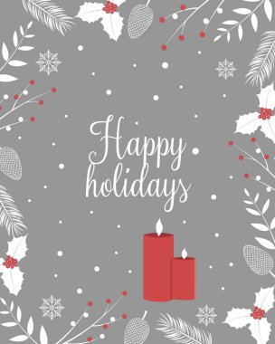 Beyaz zemin üzerinde çamlar, mumlar, böğürtlenler ve kar taneleri olan vektör noel kartı.