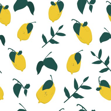 Limon ve dallarla kusursuz desen. Vektör illüstrasyonu beyaz arkaplanda izole edildi.