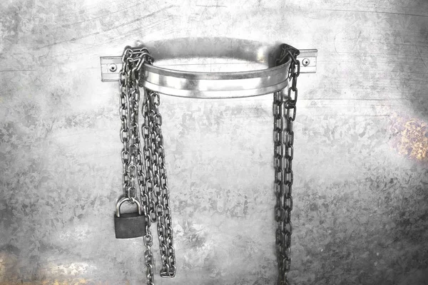 Metal lock handing on a metal chain on metal background. Chain and lock.