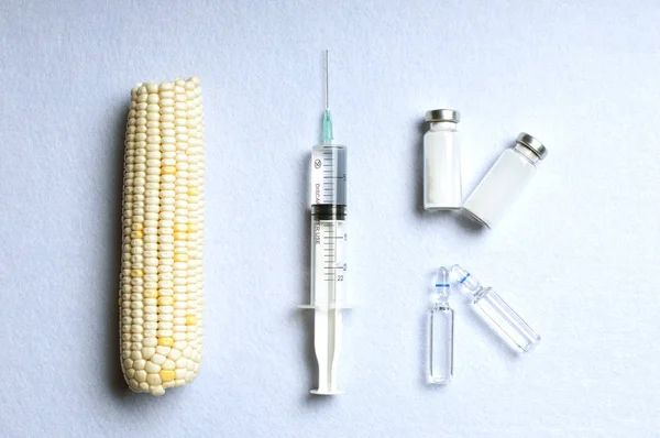 Gmo Koncept Geneticky Modifikovaná Kukuřice Injekčními Stříkačkami Ampulkami — Stock fotografie