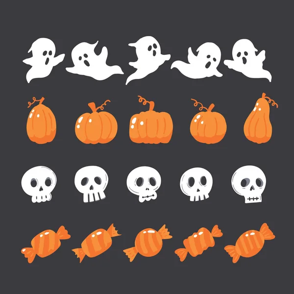 Set Illustrazioni Halloween Con Fantasmi Caramelle Zucche Teschi — Vettoriale Stock