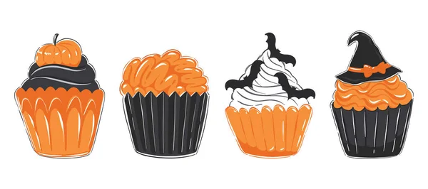 Doce Travessura Coleção Muffins Halloween Bonitos Fundo Branco Cupcakes Isolados —  Vetores de Stock