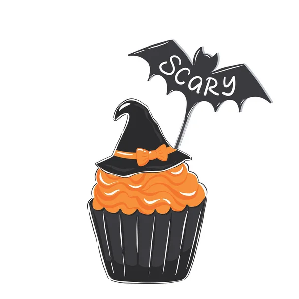 Ilustración Halloween Con Cupcake Glaseado Naranja Sombrero Bruja Aislado Sobre — Archivo Imágenes Vectoriales